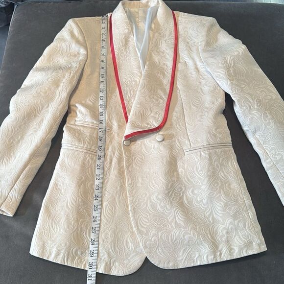 Men’s Floral Cream 2 Piece Tuxedo Suit Shawl Lapel Red Trim 34 Jacket 31 Pants - Picture 5 of 12